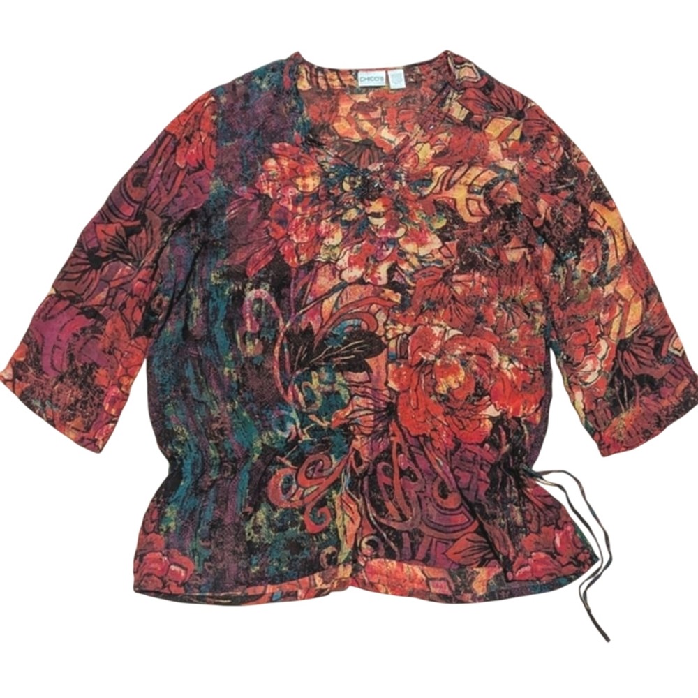 Chico's Silk Blouse 3 XL 16 Multicolor Top Shirt Sheer Beaded Dressy Classy
